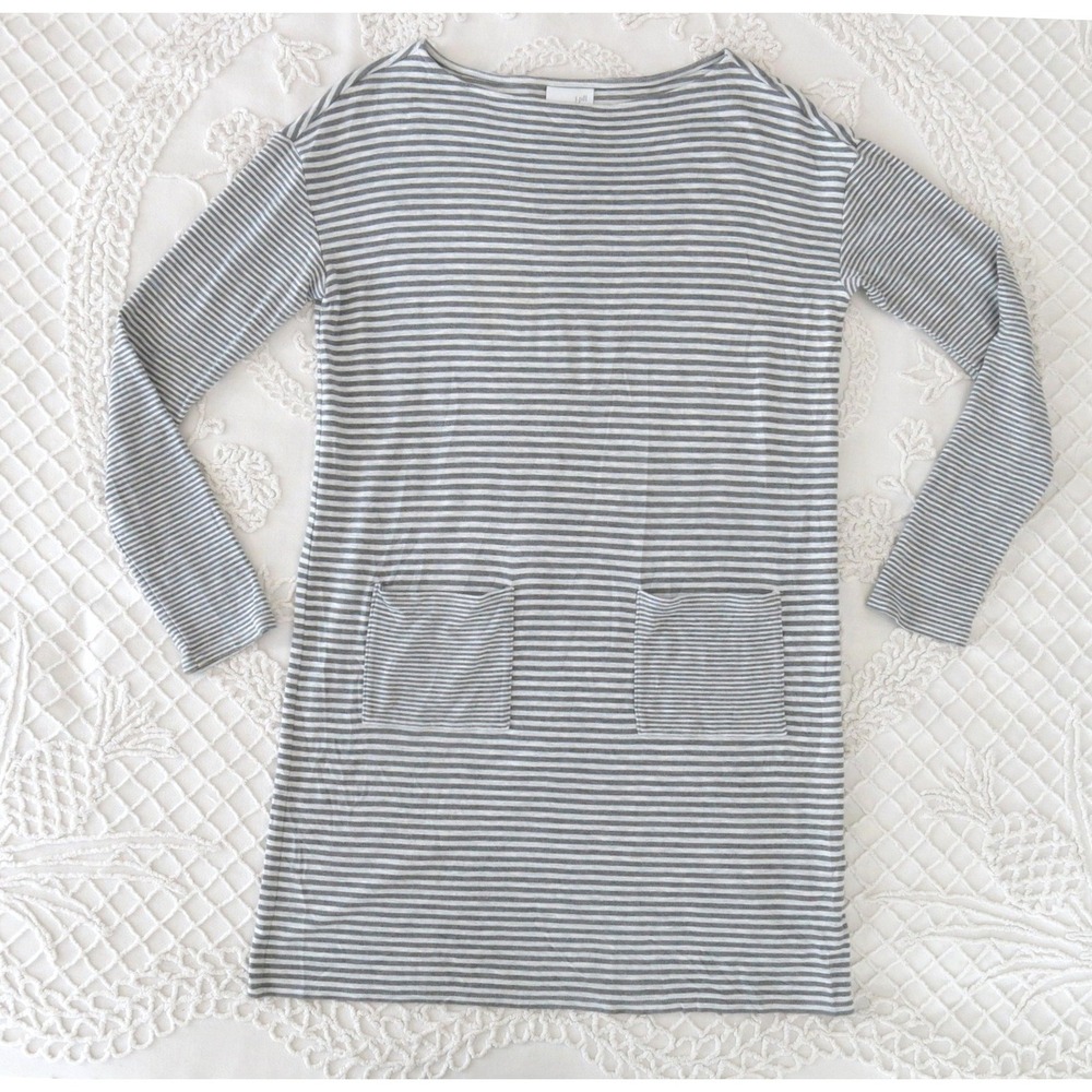J Jill XS Grey White Striped Long Sleeve Pocket Tunic Top Mini Dress Boat Neck